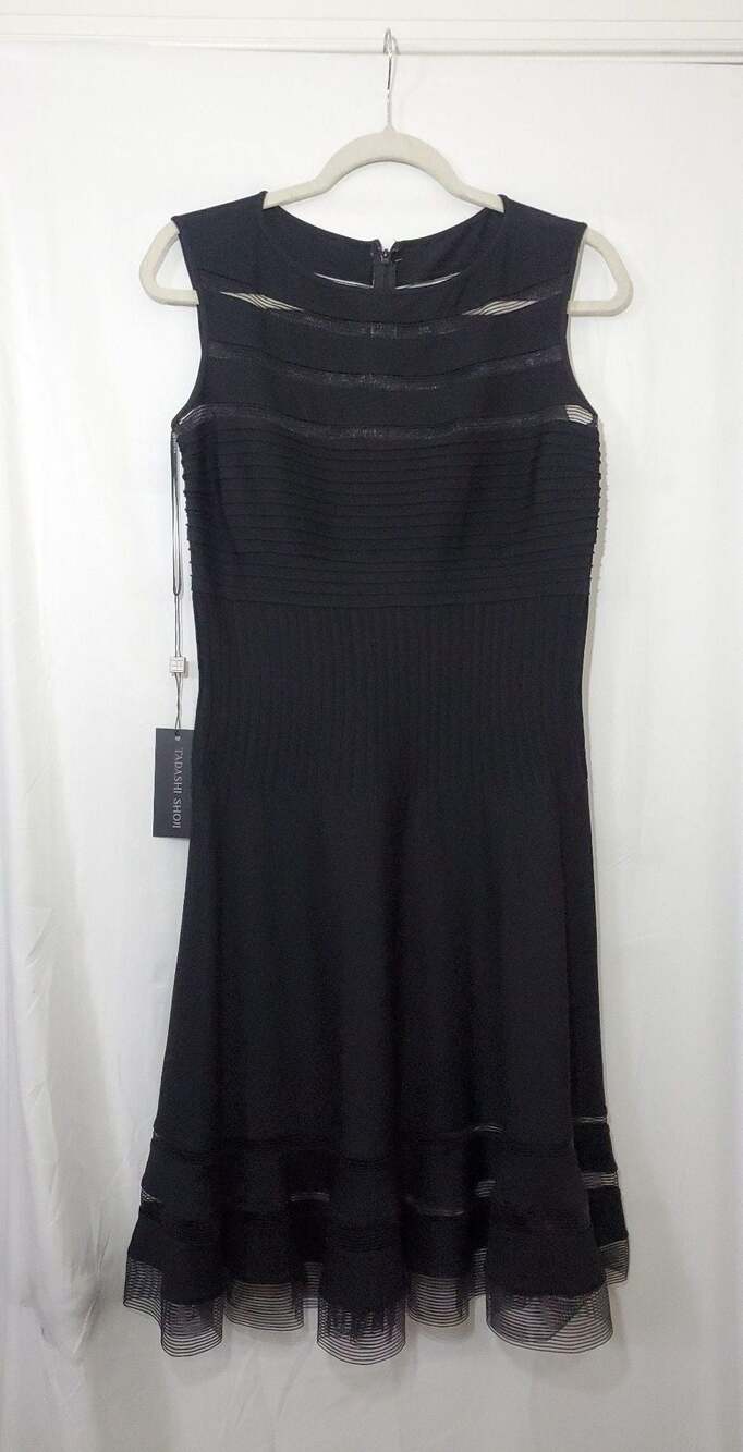 NWT Tadashi Shoji Black Sleeveless Sheer Panel Knit Dress Size M